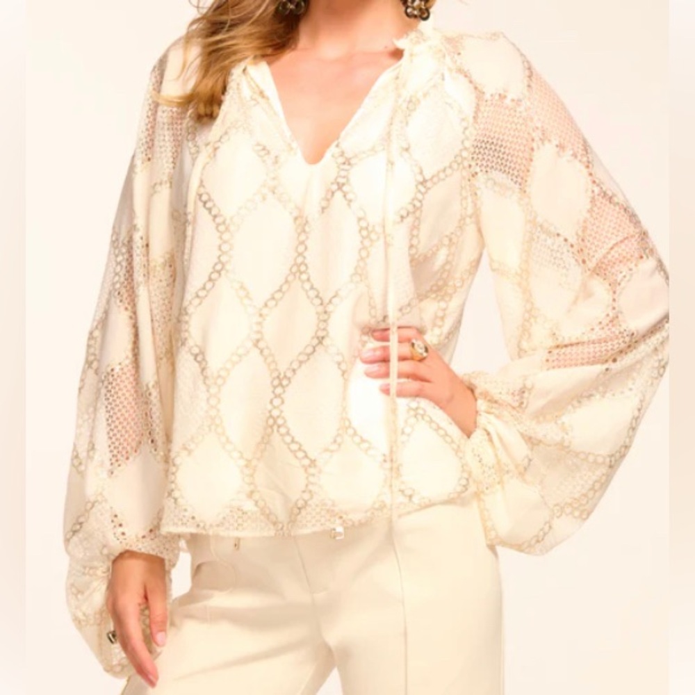 Ramy Brook Ivory Chain-Print Peasant Blouse, M. NWT.